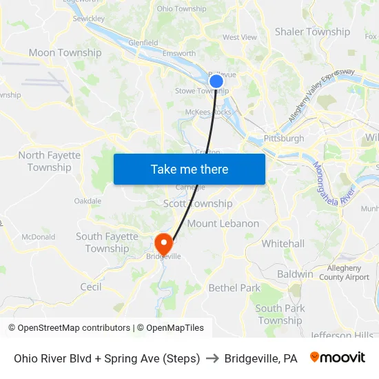 Ohio River Blvd + Spring Ave (Steps) to Bridgeville, PA map