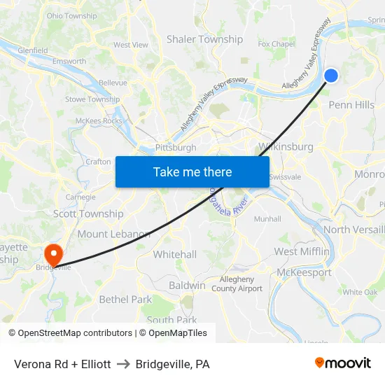 Verona Rd + Elliott to Bridgeville, PA map