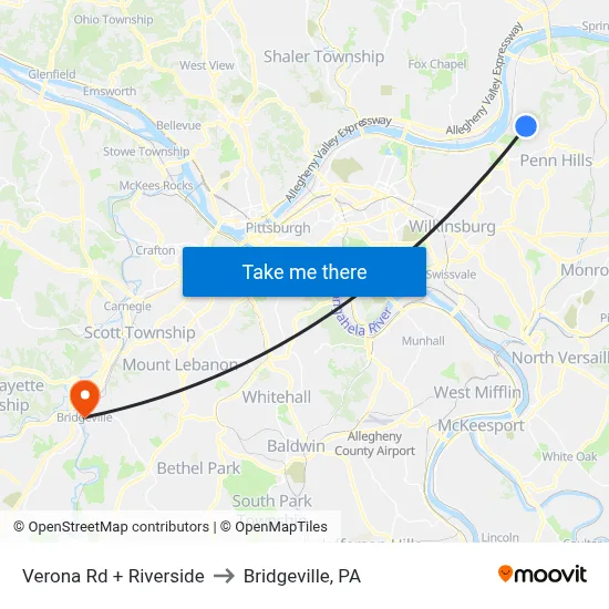 Verona Rd + Riverside to Bridgeville, PA map