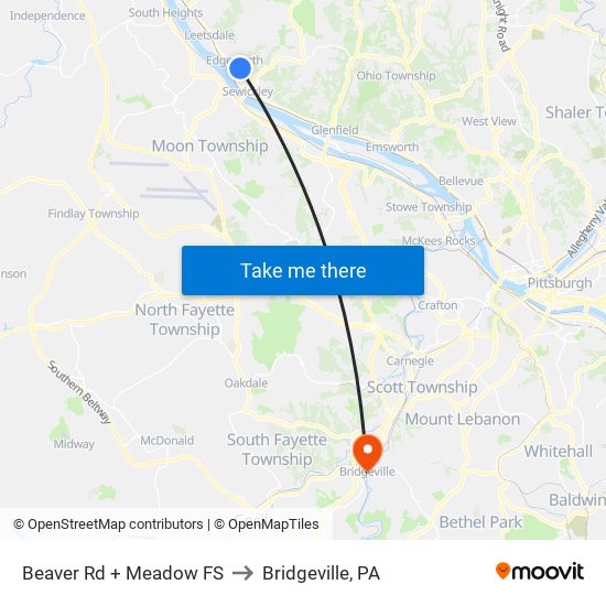 Beaver Rd + Meadow FS to Bridgeville, PA map