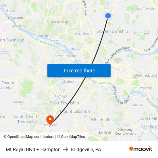 Mt Royal Blvd + Hampton to Bridgeville, PA map