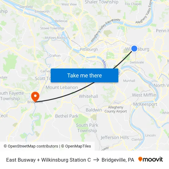 East Busway + Wilkinsburg Station C to Bridgeville, PA map