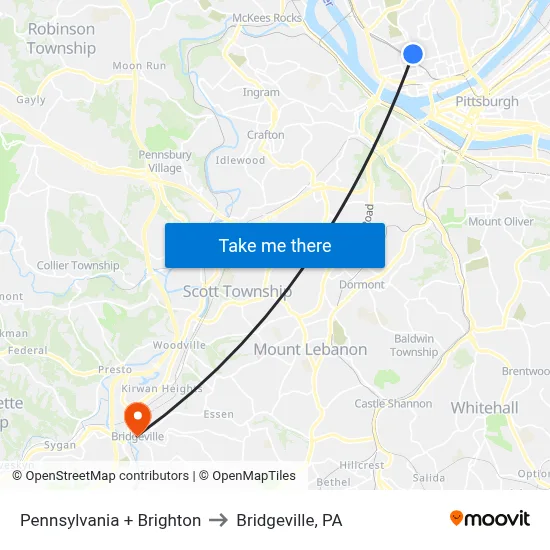 Pennsylvania + Brighton to Bridgeville, PA map