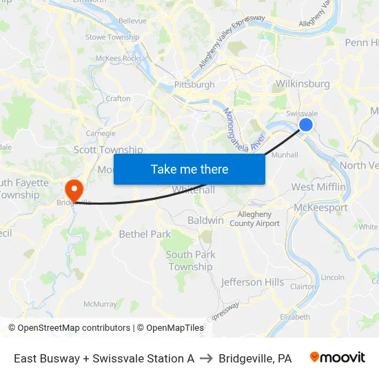 East Busway + Swissvale Station A to Bridgeville, PA map