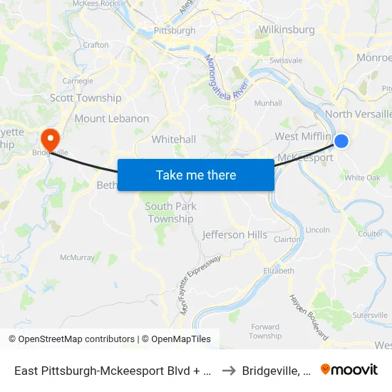 East Pittsburgh-Mckeesport Blvd + Ault to Bridgeville, PA map
