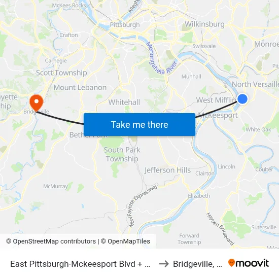 East Pittsburgh-Mckeesport Blvd + Orris to Bridgeville, PA map
