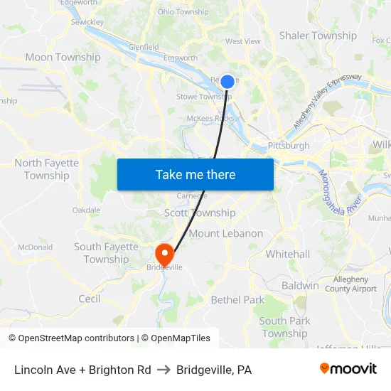 Lincoln Ave + Brighton Rd to Bridgeville, PA map