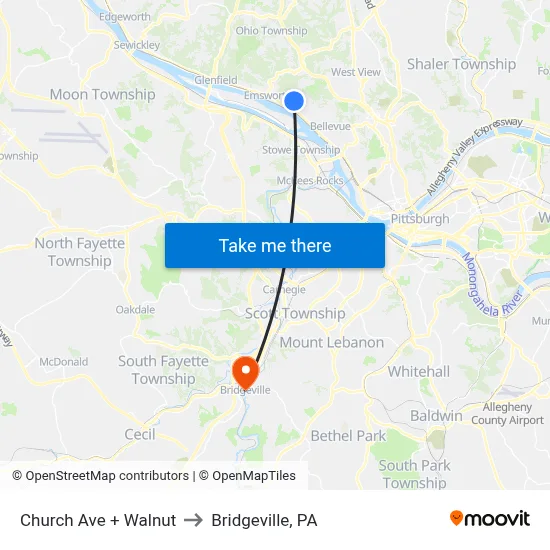 Church Ave + Walnut to Bridgeville, PA map