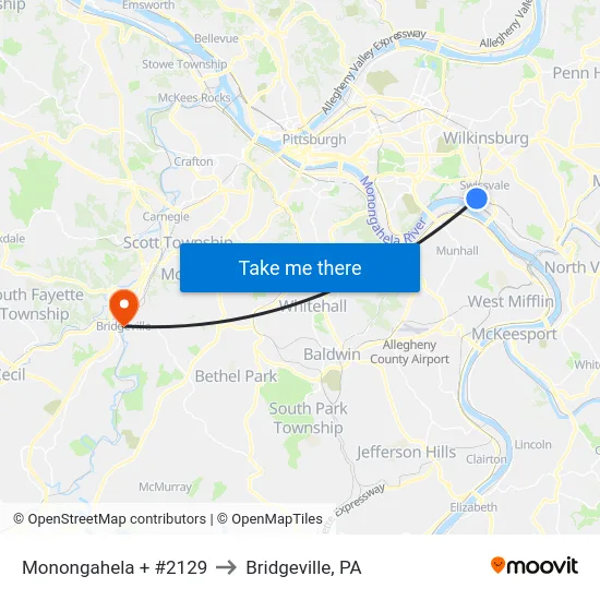 Monongahela + #2129 to Bridgeville, PA map