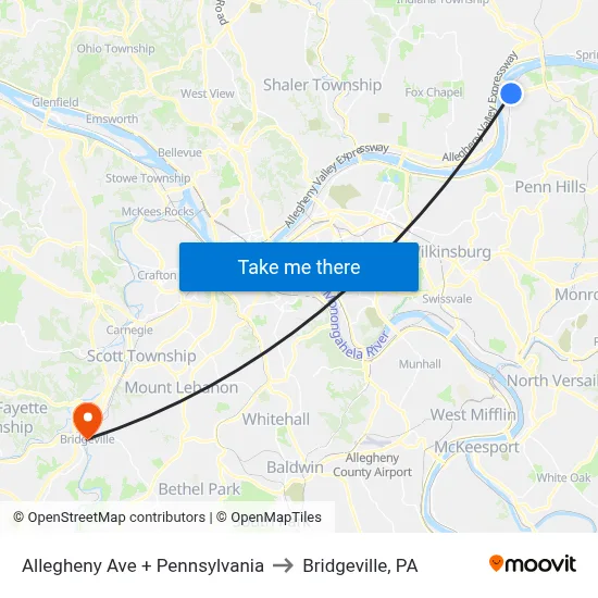 Allegheny Ave + Pennsylvania to Bridgeville, PA map
