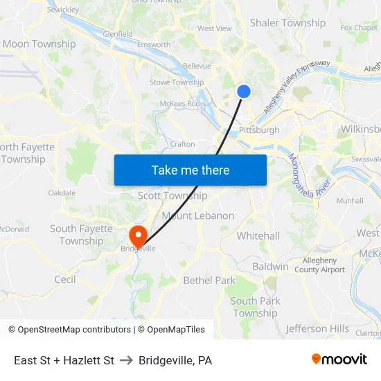 East St + Hazlett St to Bridgeville, PA map