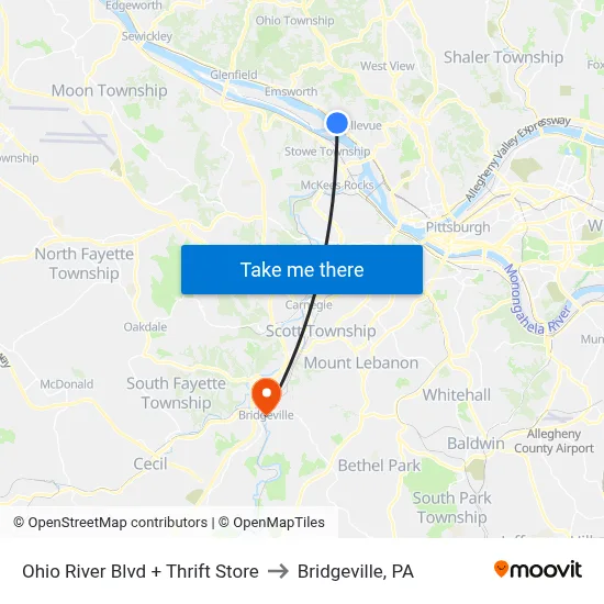 Ohio River Blvd + Thrift Store to Bridgeville, PA map