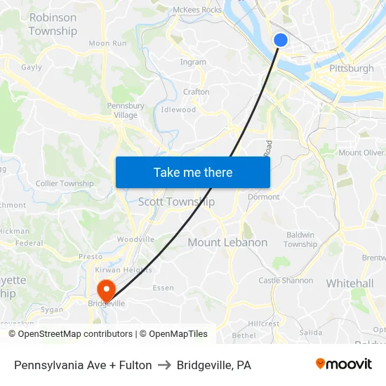 Pennsylvania Ave + Fulton to Bridgeville, PA map