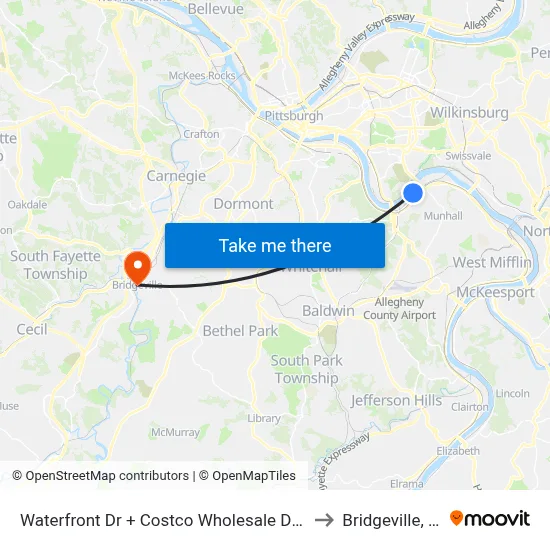 Waterfront Dr + Costco Wholesale Drvwy to Bridgeville, PA map