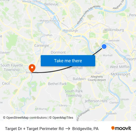 Target Dr + Target Perimeter Rd to Bridgeville, PA map