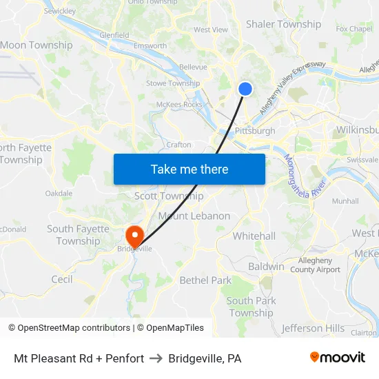 Mt Pleasant Rd + Penfort to Bridgeville, PA map