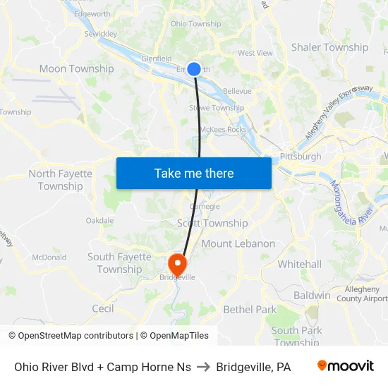 Ohio River Blvd + Camp Horne Ns to Bridgeville, PA map