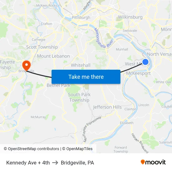 Kennedy Ave + 4th to Bridgeville, PA map