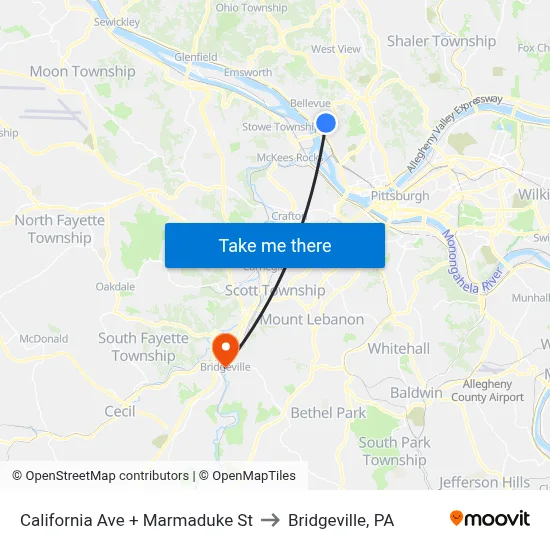 California Ave + Marmaduke St to Bridgeville, PA map