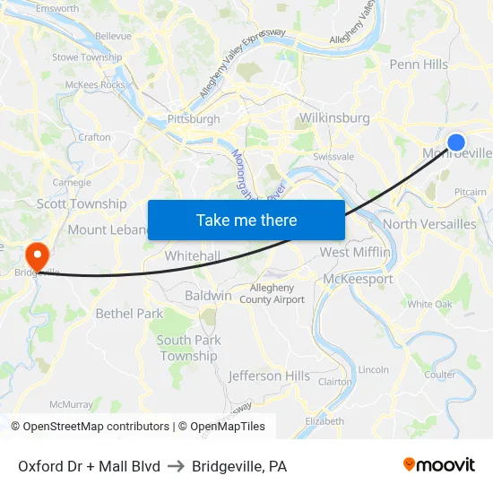 Oxford Dr + Mall Blvd to Bridgeville, PA map