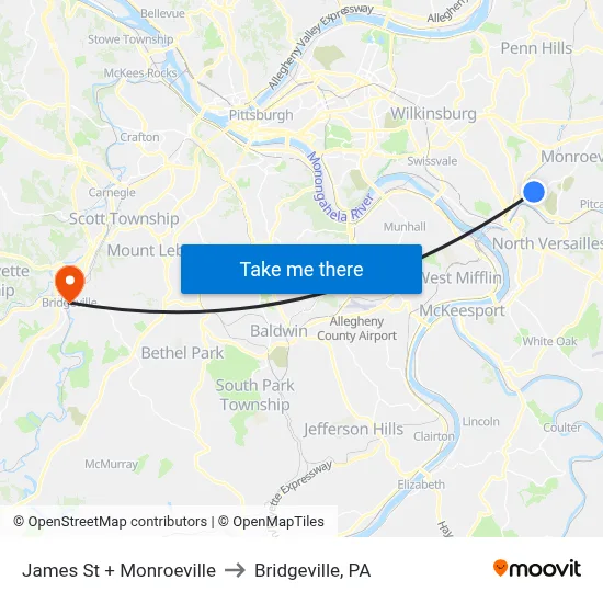 James St + Monroeville to Bridgeville, PA map