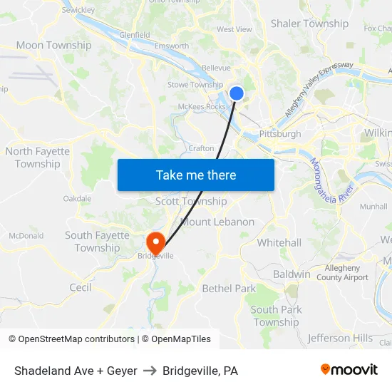 Shadeland Ave + Geyer to Bridgeville, PA map