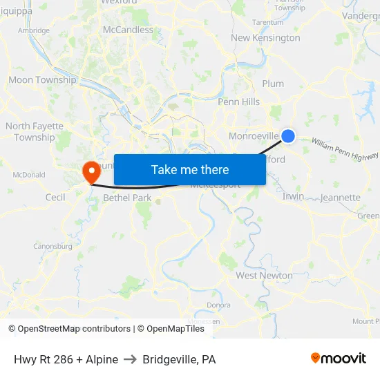 Hwy Rt 286 + Alpine to Bridgeville, PA map
