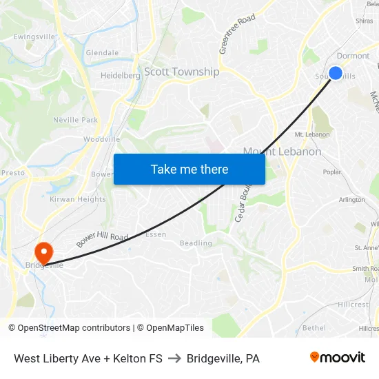 West Liberty Ave + Kelton FS to Bridgeville, PA map