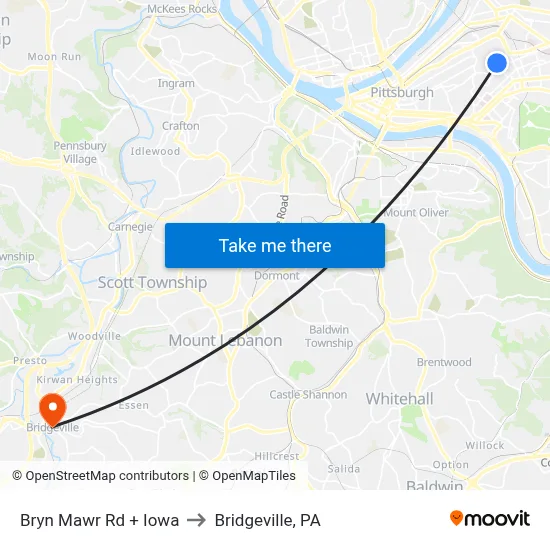 Bryn Mawr Rd + Iowa to Bridgeville, PA map