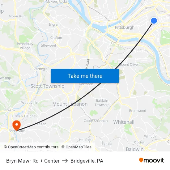 Bryn Mawr Rd + Center to Bridgeville, PA map