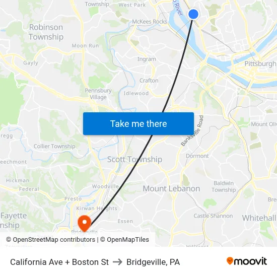 California Ave + Boston St to Bridgeville, PA map