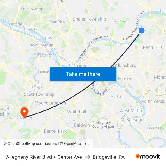 Allegheny River Blvd + Center Ave to Bridgeville, PA map