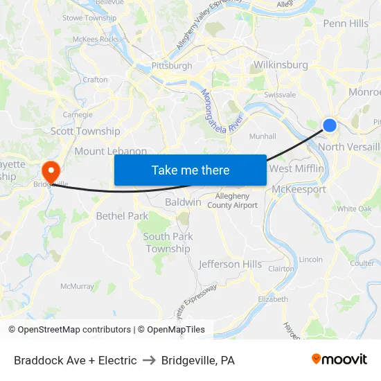 Braddock Ave + Electric to Bridgeville, PA map
