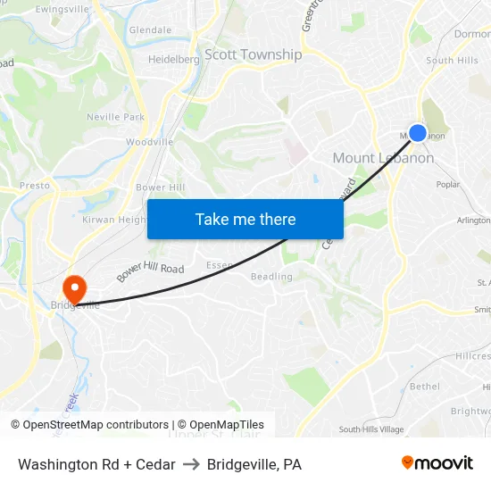 Washington Rd + Cedar to Bridgeville, PA map