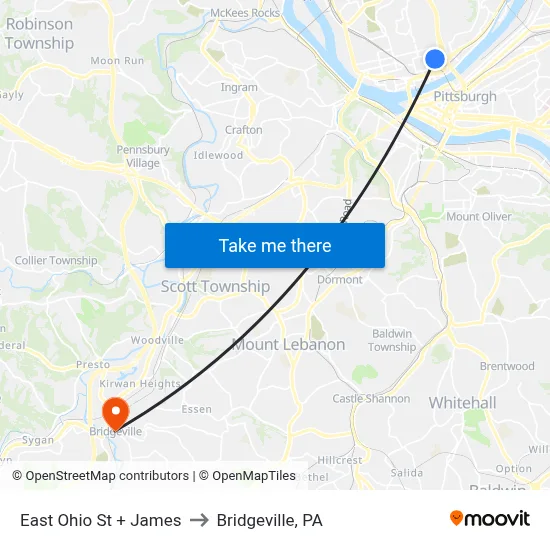 East Ohio St + James to Bridgeville, PA map