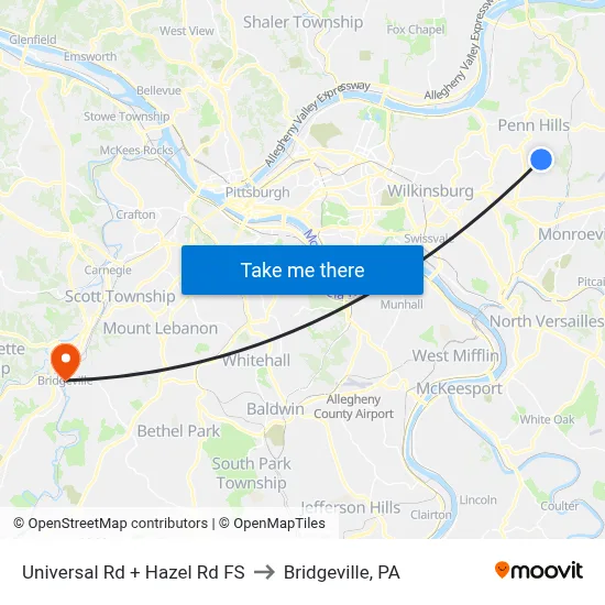 Universal Rd + Hazel Rd FS to Bridgeville, PA map