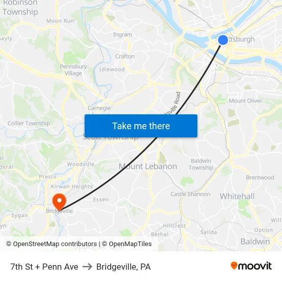 7th St + Penn Ave to Bridgeville, PA map