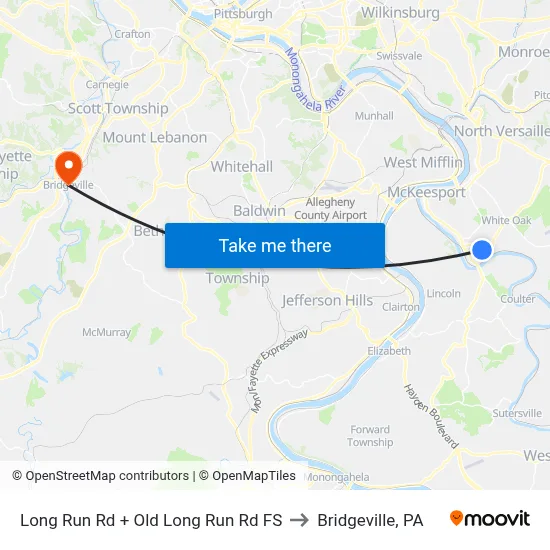 Long Run Rd + Old Long Run Rd FS to Bridgeville, PA map