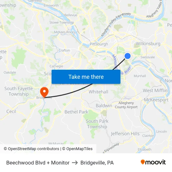 Beechwood Blvd + Monitor to Bridgeville, PA map
