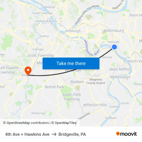 4th Ave + Hawkins Ave to Bridgeville, PA map