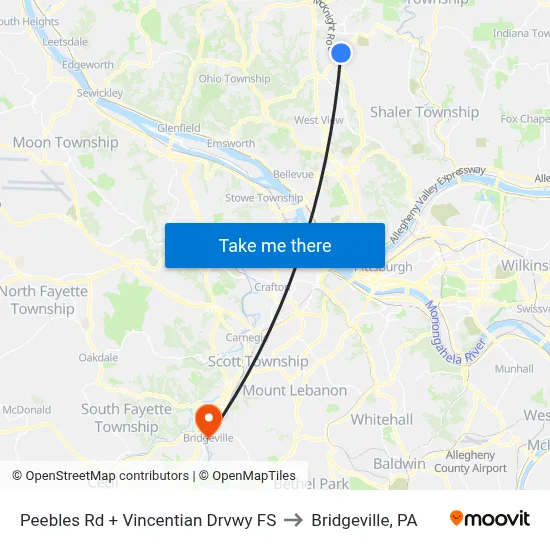 Peebles Rd + Vincentian Drvwy FS to Bridgeville, PA map