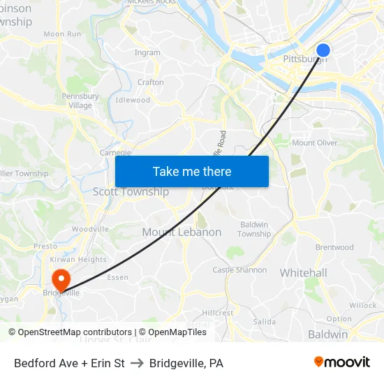 Bedford Ave + Erin St to Bridgeville, PA map
