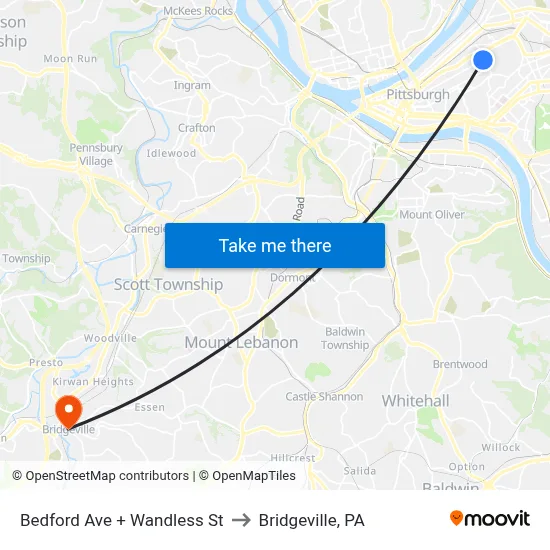 Bedford Ave + Wandless St to Bridgeville, PA map