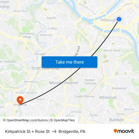 Kirkpatrick St + Rose St to Bridgeville, PA map