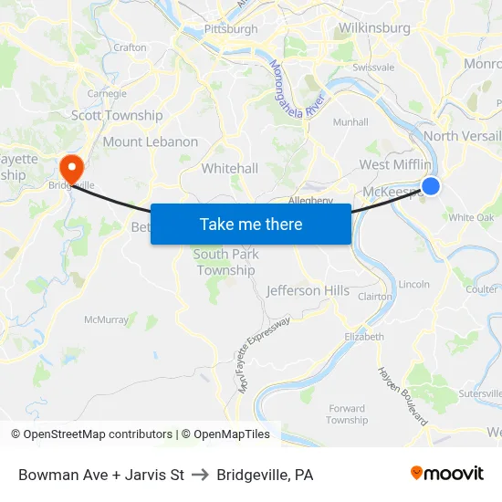 Bowman Ave + Jarvis St to Bridgeville, PA map