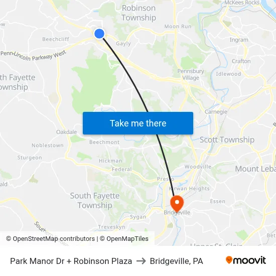 Park Manor Dr + Robinson Plaza to Bridgeville, PA map