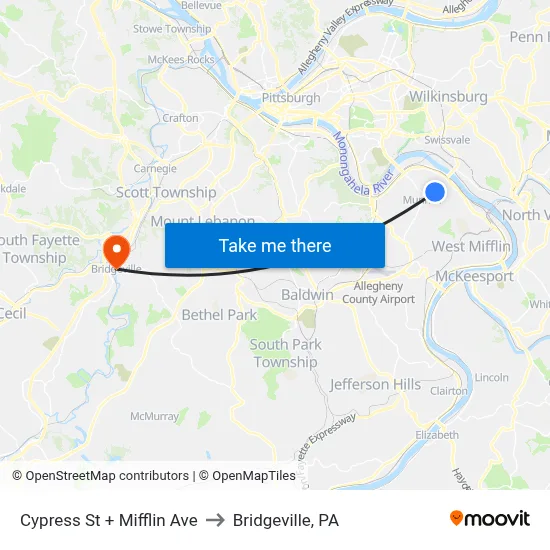 Cypress St + Mifflin Ave to Bridgeville, PA map