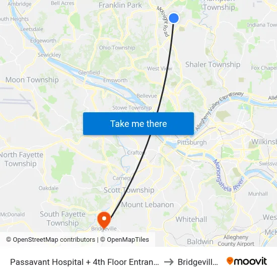 Passavant Hospital + 4th Floor Entrance Bldg T to Bridgeville, PA map