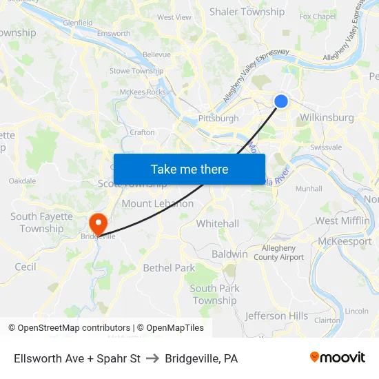 Ellsworth Ave + Spahr St to Bridgeville, PA map
