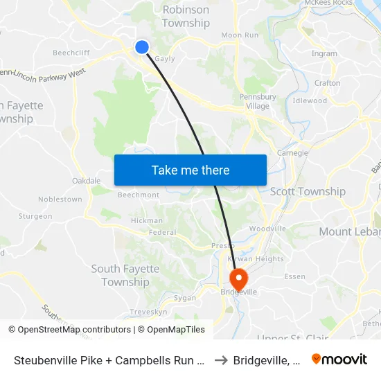 Steubenville Pike + Campbells Run Rd to Bridgeville, PA map